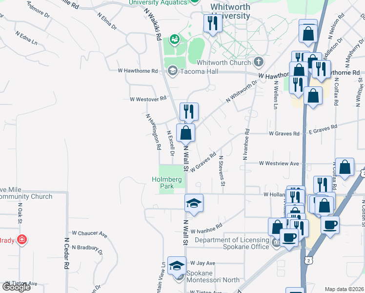 map of restaurants, bars, coffee shops, grocery stores, and more near 9726 North Wall Street in Spokane