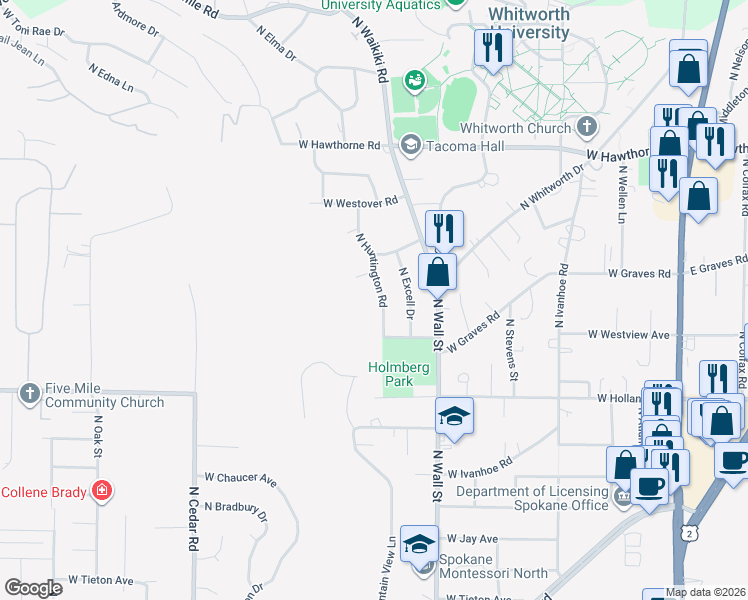 map of restaurants, bars, coffee shops, grocery stores, and more near 9819 North Huntington Road in Spokane