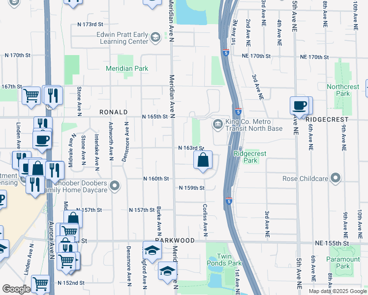 map of restaurants, bars, coffee shops, grocery stores, and more near 16221 Bagley Place North in Shoreline