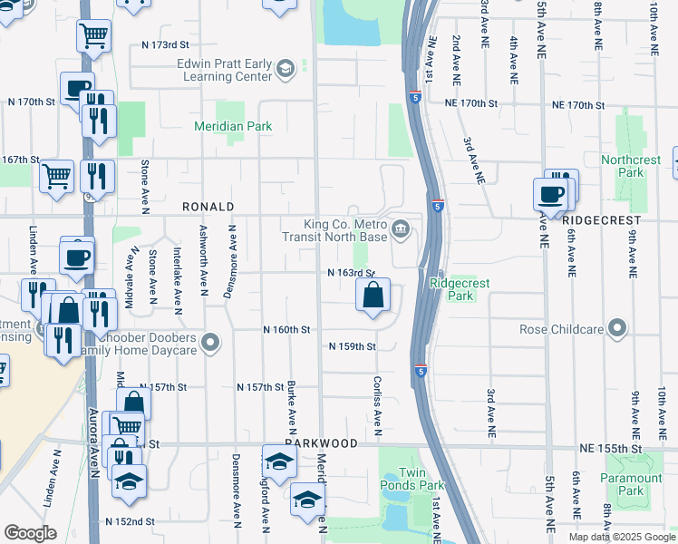 map of restaurants, bars, coffee shops, grocery stores, and more near 2160 North 163rd Street in Shoreline