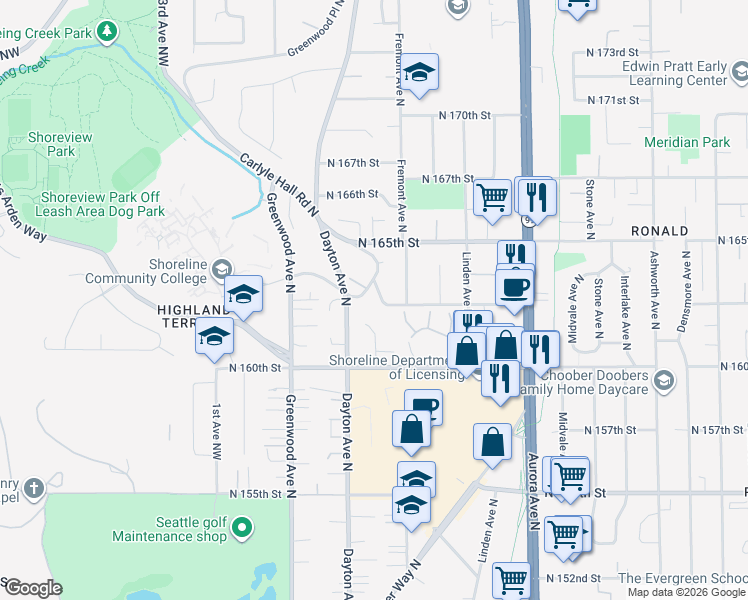 map of restaurants, bars, coffee shops, grocery stores, and more near 16128 Evanston Avenue North in Shoreline