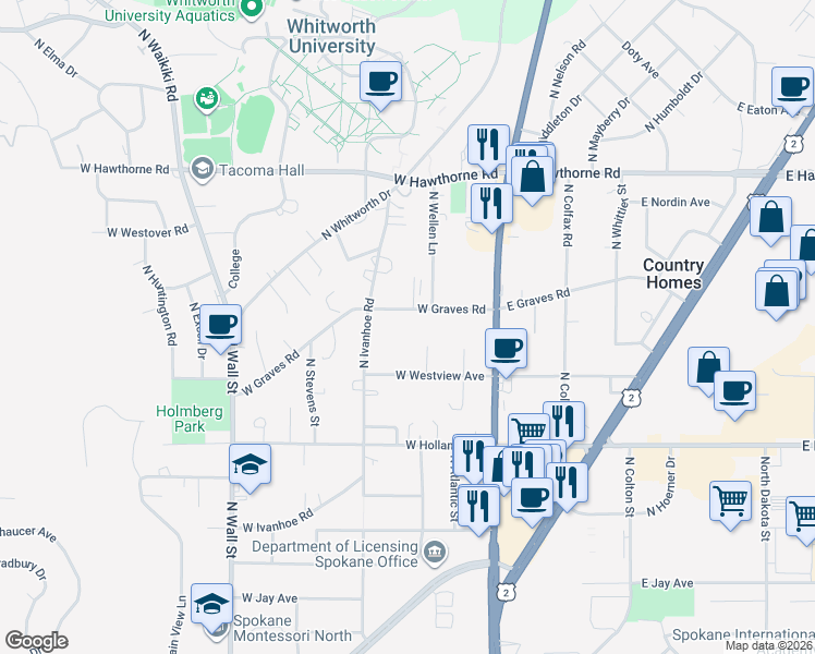 map of restaurants, bars, coffee shops, grocery stores, and more near 9812 North Ivanhoe Road in Spokane