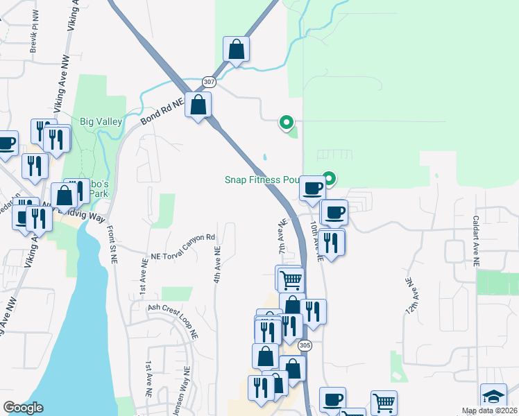 map of restaurants, bars, coffee shops, grocery stores, and more near 20249 Washington 305 in Poulsbo