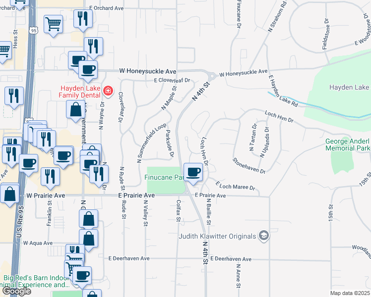 map of restaurants, bars, coffee shops, grocery stores, and more near 8233 North Ridgewood Drive in Hayden