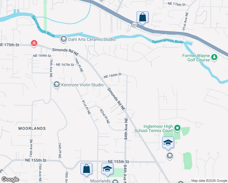 map of restaurants, bars, coffee shops, grocery stores, and more near 16311 Simonds Road Northeast in Kenmore