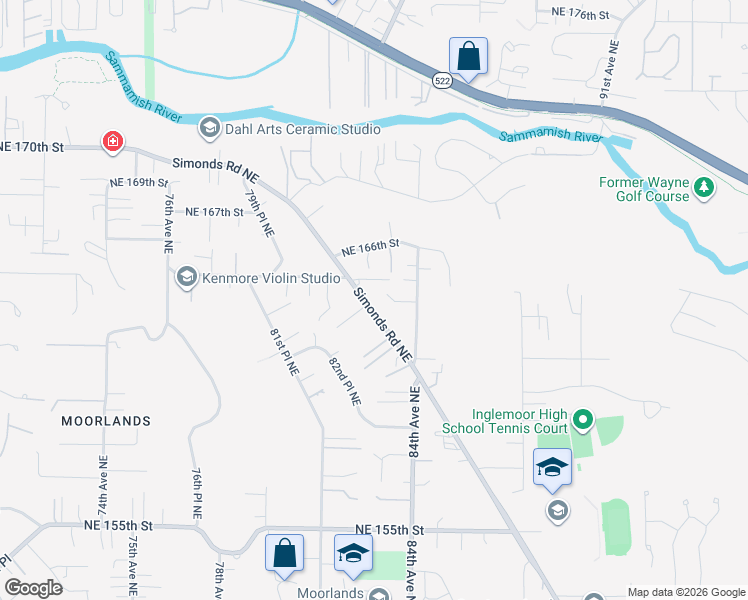 map of restaurants, bars, coffee shops, grocery stores, and more near 16311 Simonds Road Northeast in Kenmore