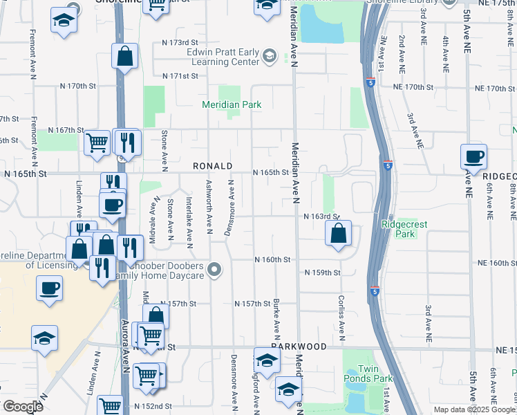 map of restaurants, bars, coffee shops, grocery stores, and more near 16338 Wallingford Avenue North in Shoreline