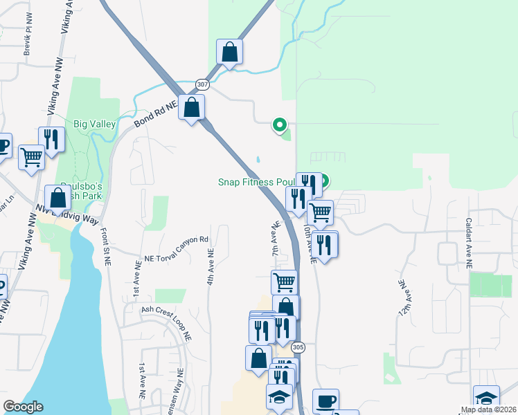 map of restaurants, bars, coffee shops, grocery stores, and more near 20249 Washington 305 in Poulsbo
