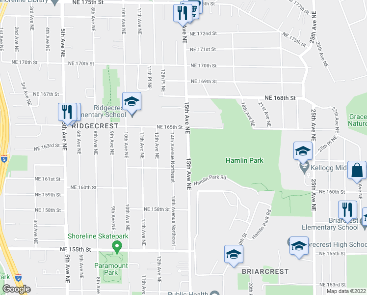 map of restaurants, bars, coffee shops, grocery stores, and more near 16241 15th Avenue Northeast in Shoreline