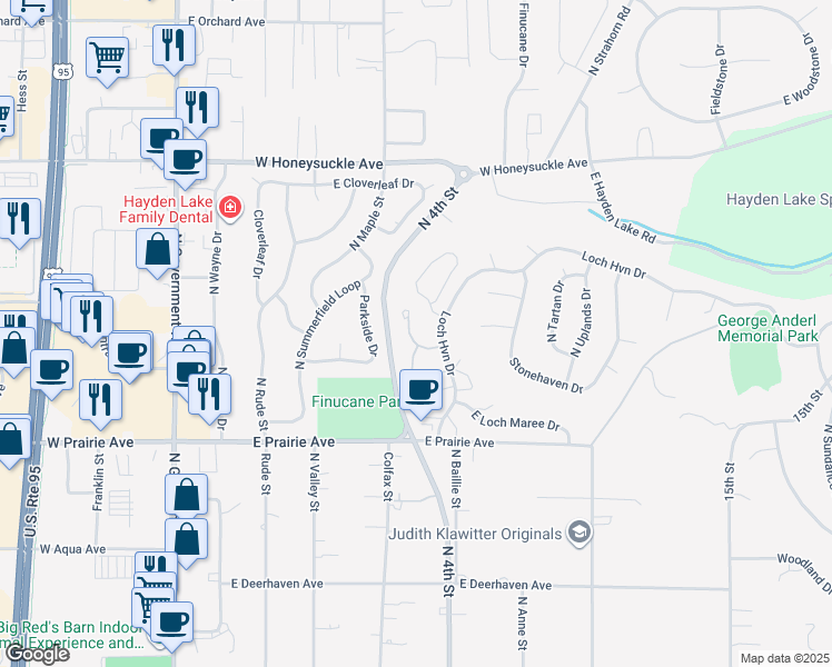 map of restaurants, bars, coffee shops, grocery stores, and more near 8383 North Village Drive in Hayden