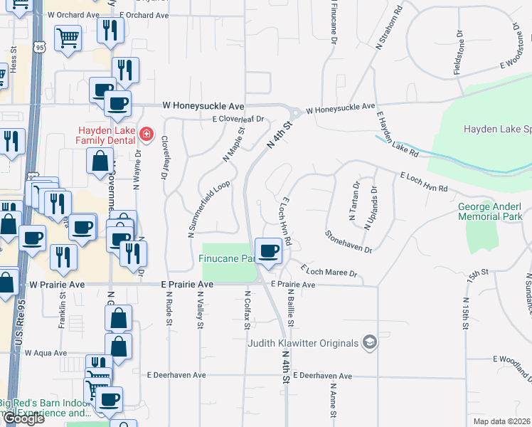 map of restaurants, bars, coffee shops, grocery stores, and more near 8318 North Village Drive in Hayden