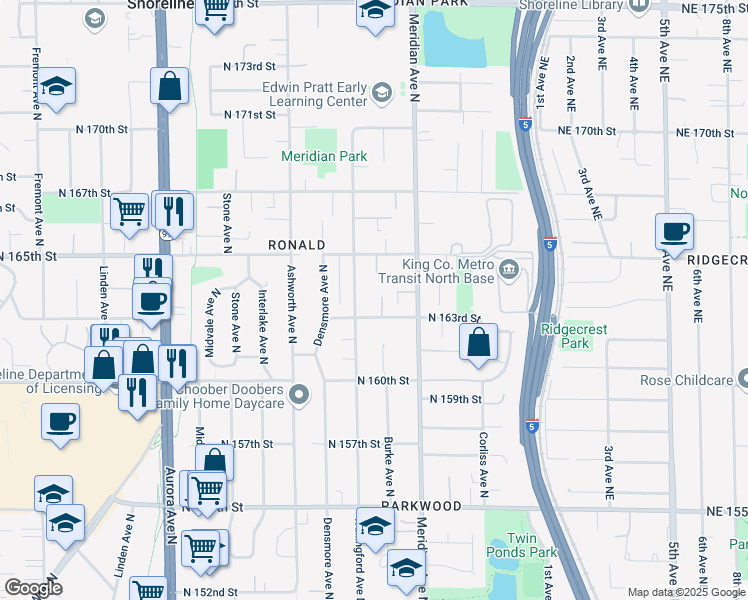map of restaurants, bars, coffee shops, grocery stores, and more near 16338 Wallingford Avenue North in Shoreline
