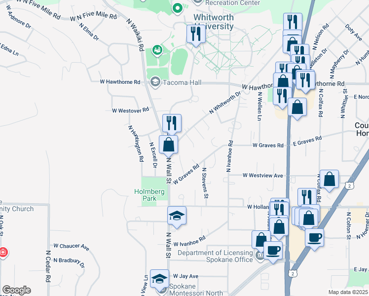 map of restaurants, bars, coffee shops, grocery stores, and more near 10020 North Whitworth Drive in Spokane
