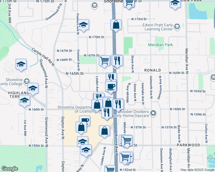 map of restaurants, bars, coffee shops, grocery stores, and more near 16357 Aurora Avenue North in Shoreline