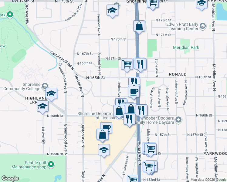 map of restaurants, bars, coffee shops, grocery stores, and more near 16340 North Park Avenue North in Shoreline