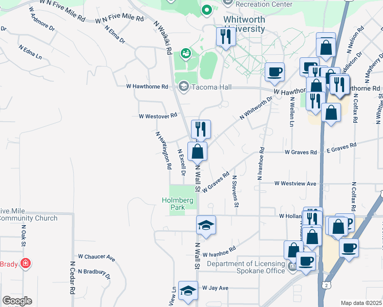 map of restaurants, bars, coffee shops, grocery stores, and more near 9922 North Excell Drive in Spokane