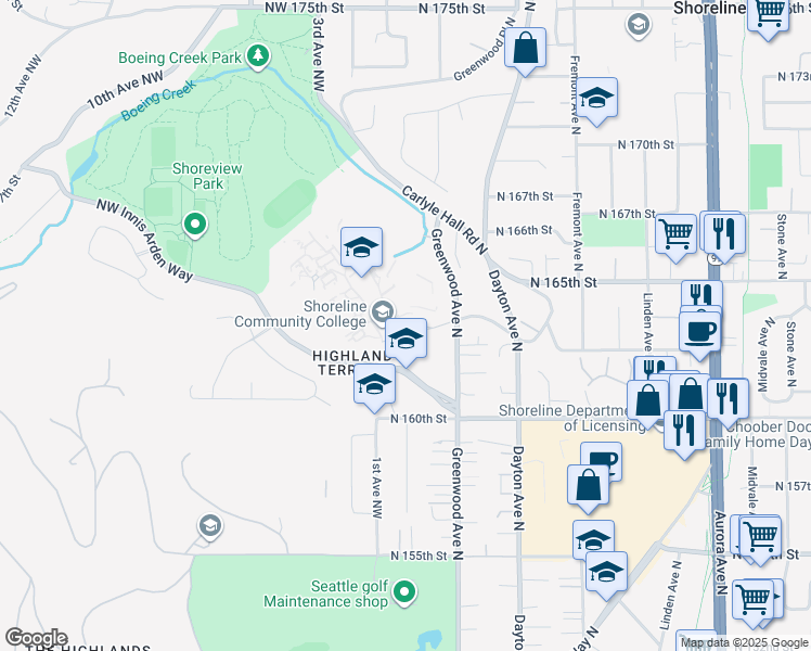 map of restaurants, bars, coffee shops, grocery stores, and more near 16101 Greenwood Avenue North in Shoreline