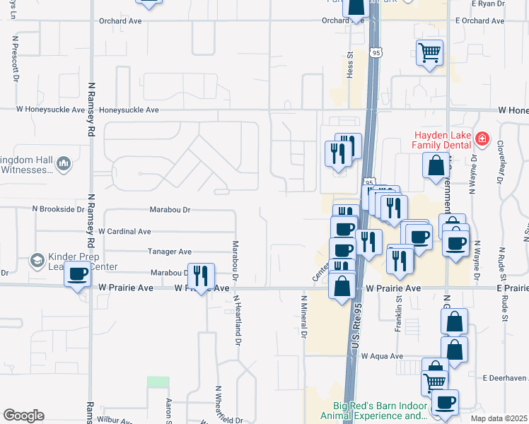 map of restaurants, bars, coffee shops, grocery stores, and more near 827 West Prairie Avenue in Hayden