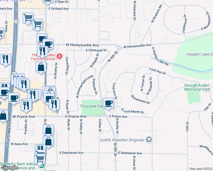 map of restaurants, bars, coffee shops, grocery stores, and more near 8383 North Village Drive in Hayden
