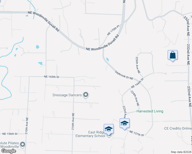 map of restaurants, bars, coffee shops, grocery stores, and more near 21648 Northeast 165th Street in Woodinville