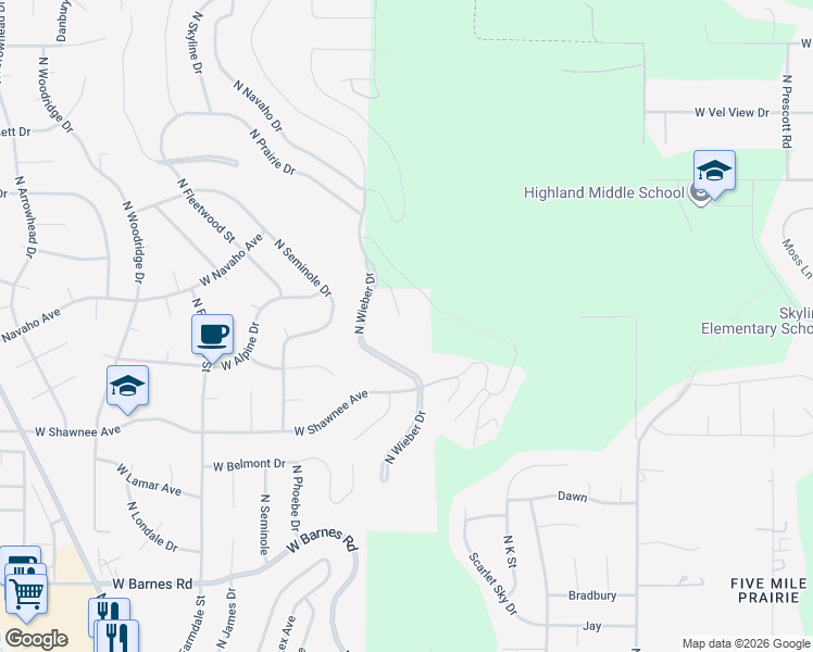 map of restaurants, bars, coffee shops, grocery stores, and more near 9916 North Wieber Drive in Spokane