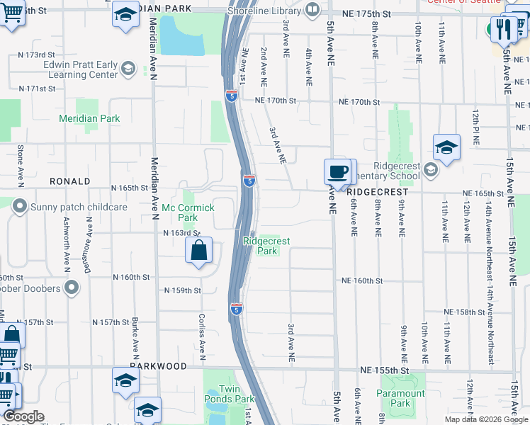 map of restaurants, bars, coffee shops, grocery stores, and more near 127 Northeast 164th Street in Shoreline