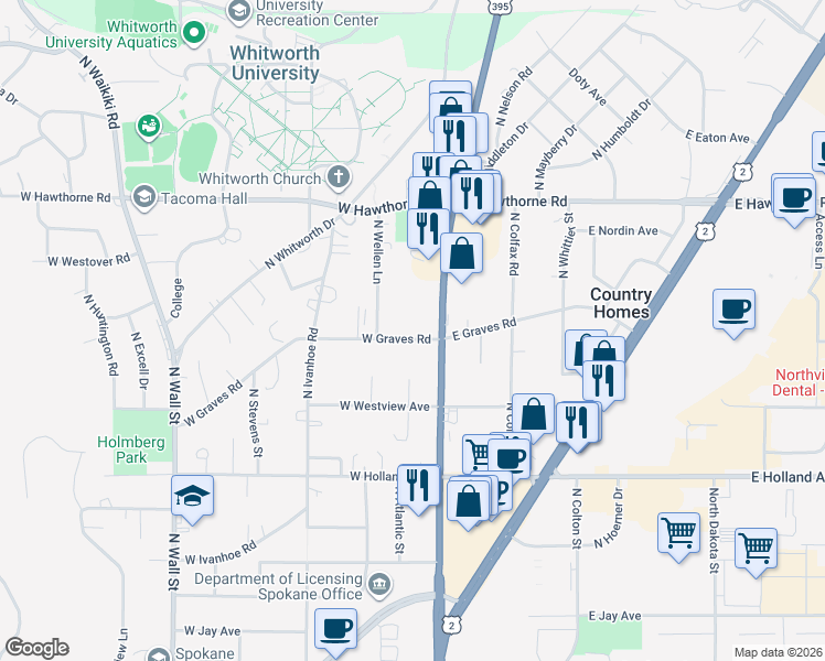 map of restaurants, bars, coffee shops, grocery stores, and more near 20 West Graves Road in Spokane