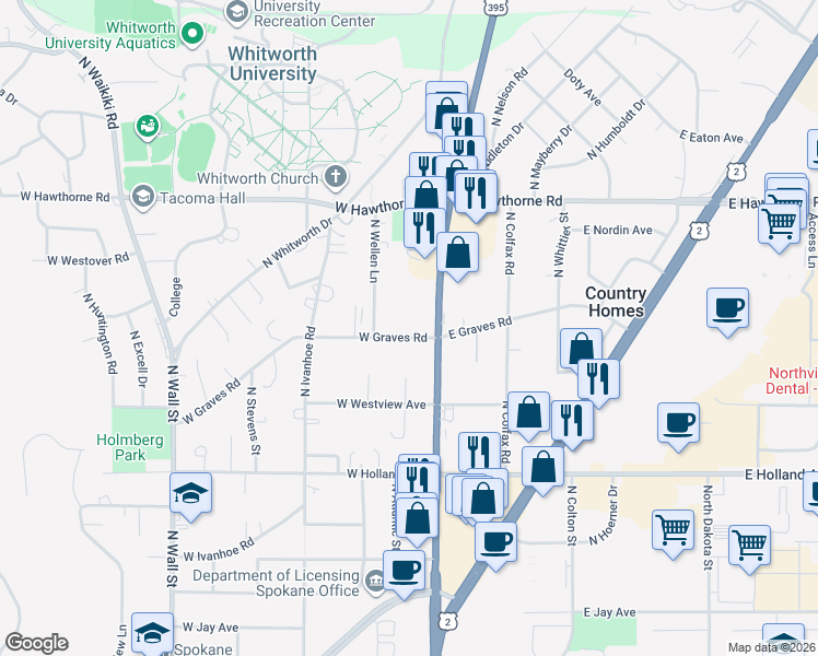 map of restaurants, bars, coffee shops, grocery stores, and more near 20 West Graves Road in Spokane