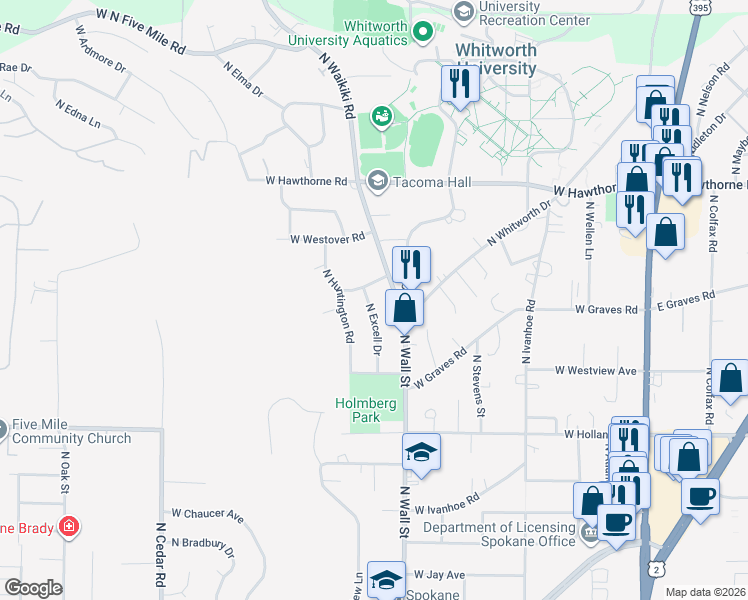 map of restaurants, bars, coffee shops, grocery stores, and more near 9922 North Excell Drive in Spokane