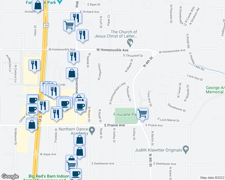 map of restaurants, bars, coffee shops, grocery stores, and more near 8381 North Maple Street in Hayden