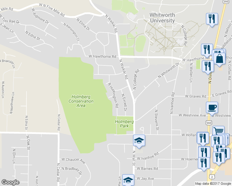 map of restaurants, bars, coffee shops, grocery stores, and more near 10002 North Huntington Road in Spokane