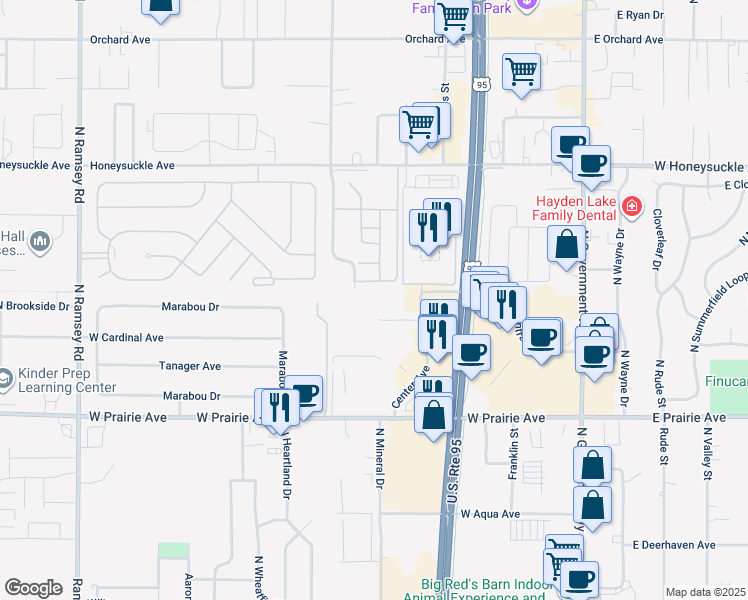 map of restaurants, bars, coffee shops, grocery stores, and more near 675 West Capstone Court in Hayden