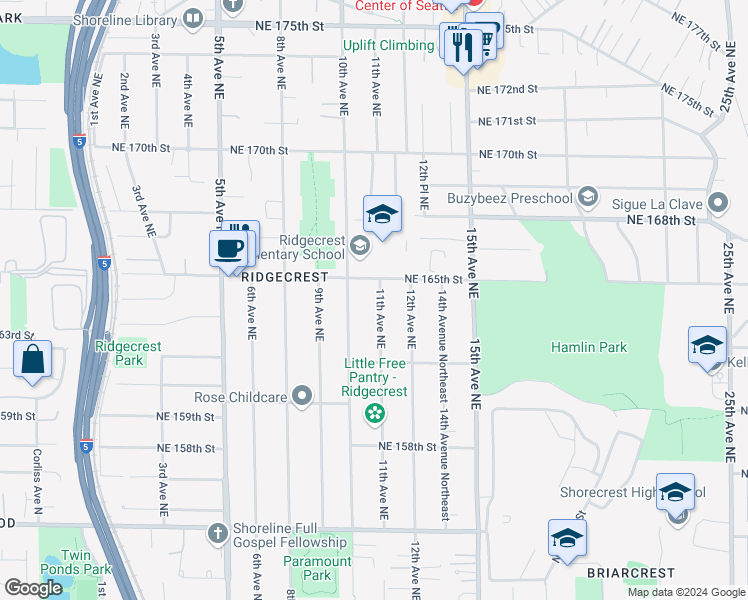 map of restaurants, bars, coffee shops, grocery stores, and more near 16261 11th Avenue Northeast in Shoreline