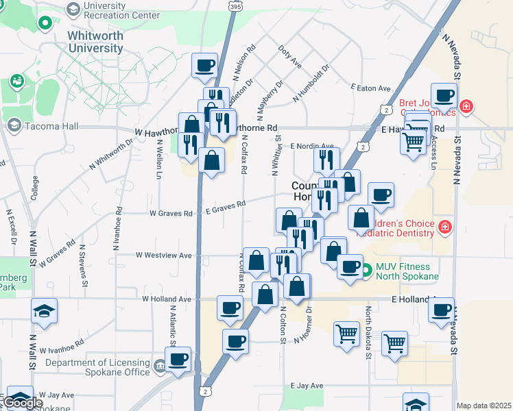 map of restaurants, bars, coffee shops, grocery stores, and more near 114 East Graves Road in Spokane