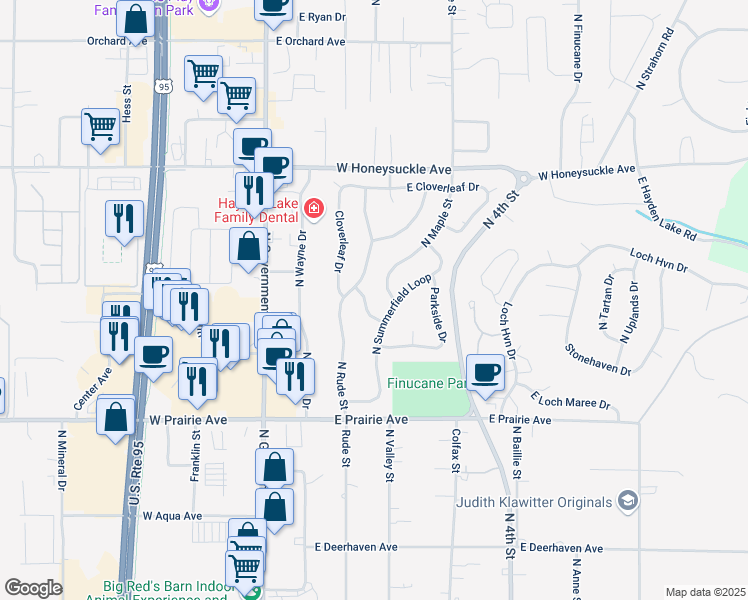 map of restaurants, bars, coffee shops, grocery stores, and more near 8396 North Rude Street in Hayden
