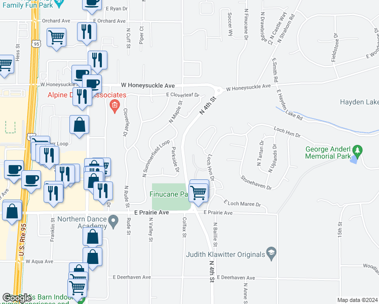 map of restaurants, bars, coffee shops, grocery stores, and more near 8383 North Village Drive in Hayden