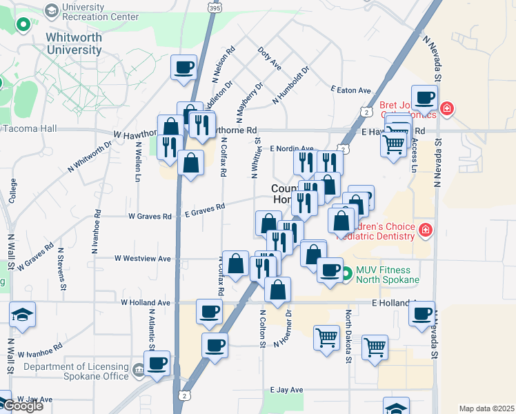 map of restaurants, bars, coffee shops, grocery stores, and more near 9914 North Whittier Street in Spokane