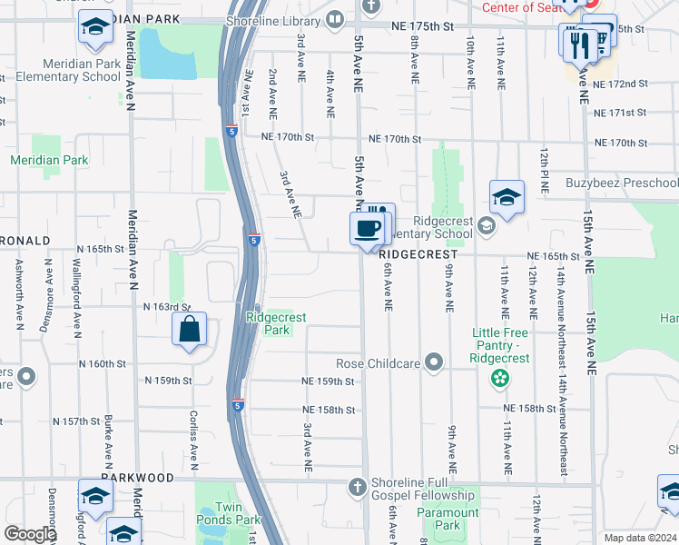 map of restaurants, bars, coffee shops, grocery stores, and more near 16325 5th Avenue Northeast in Shoreline