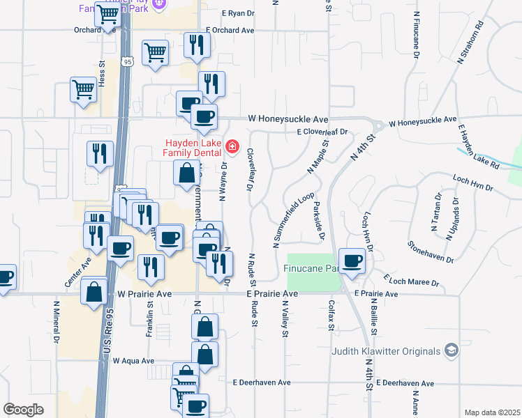 map of restaurants, bars, coffee shops, grocery stores, and more near 8396 North Rude Street in Hayden