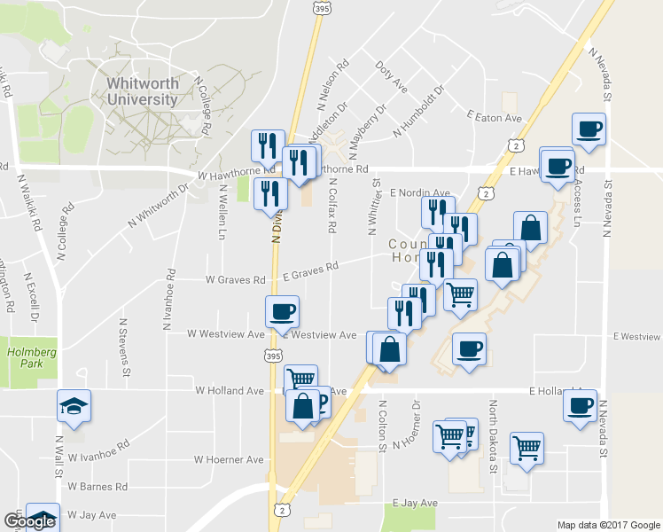 map of restaurants, bars, coffee shops, grocery stores, and more near 114 East Graves Road in Spokane