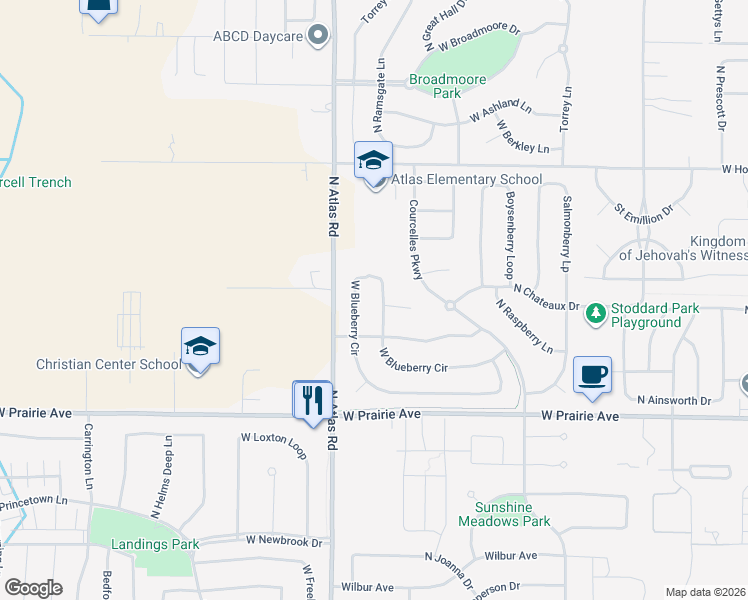 map of restaurants, bars, coffee shops, grocery stores, and more near 2943 West Blueberry Circle in Hayden
