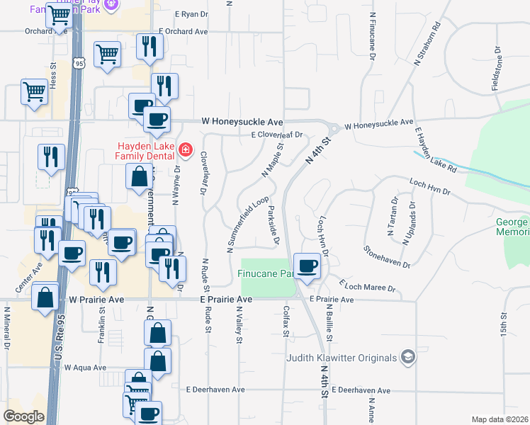 map of restaurants, bars, coffee shops, grocery stores, and more near 8391 North Parkside Drive in Hayden
