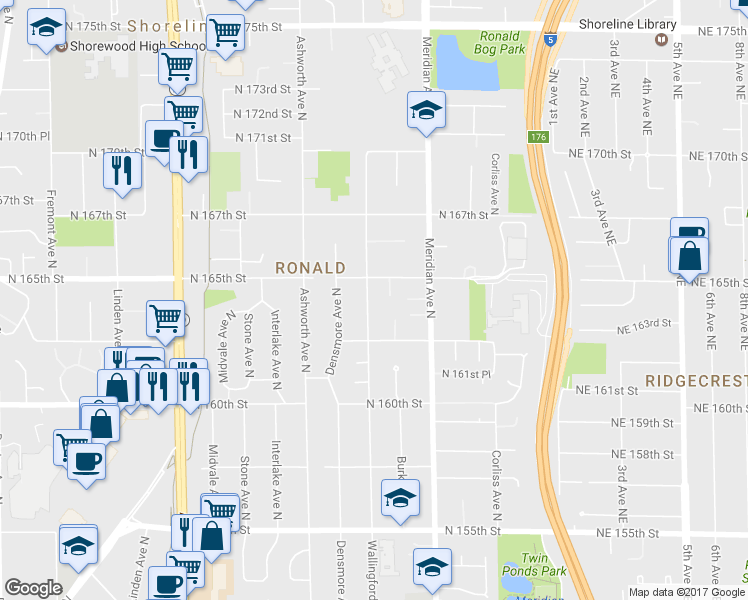 map of restaurants, bars, coffee shops, grocery stores, and more near 16338 Wallingford Avenue North in Shoreline
