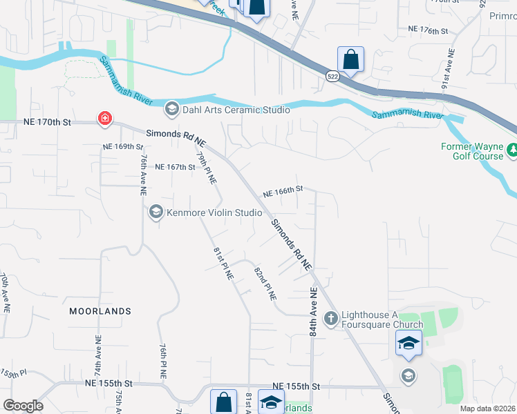 map of restaurants, bars, coffee shops, grocery stores, and more near 16505 Simonds Road Northeast in Kenmore