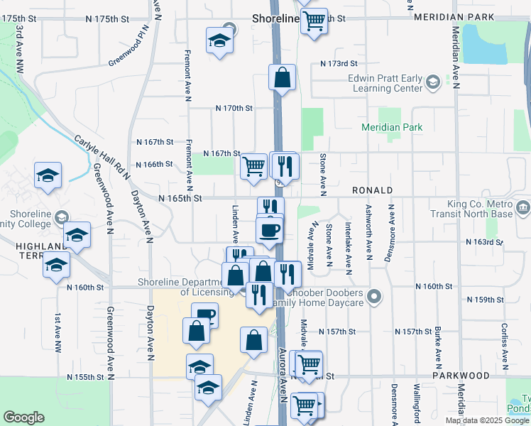 map of restaurants, bars, coffee shops, grocery stores, and more near 16357 Aurora Avenue North in Shoreline