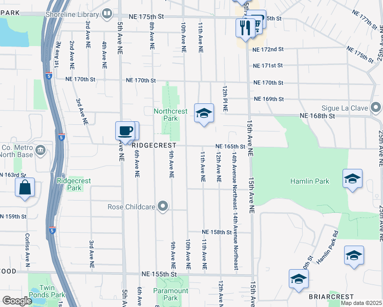 map of restaurants, bars, coffee shops, grocery stores, and more near 16261 11th Avenue Northeast in Shoreline