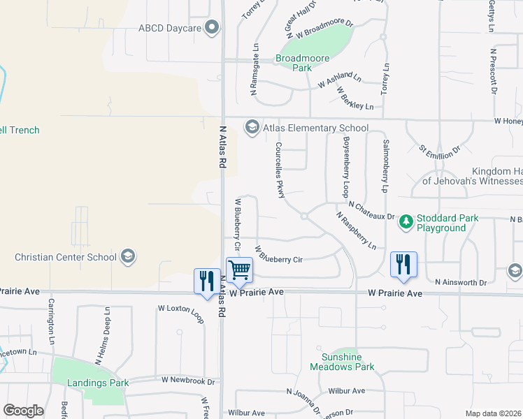 map of restaurants, bars, coffee shops, grocery stores, and more near 2943 West Blueberry Circle in Hayden
