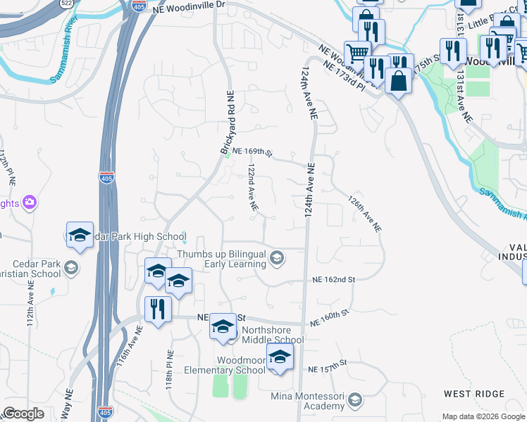 map of restaurants, bars, coffee shops, grocery stores, and more near 12200 Northeast 165th Place in Bothell