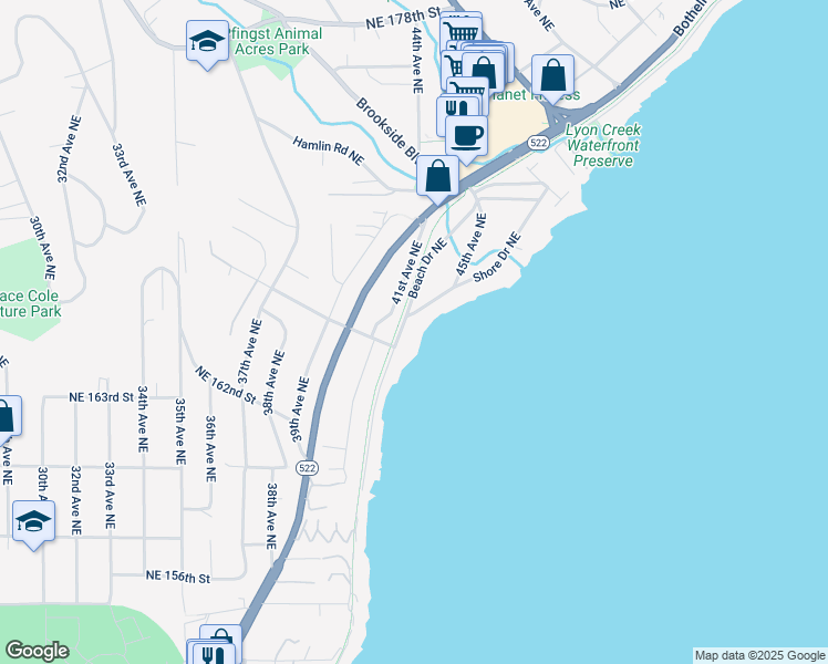 map of restaurants, bars, coffee shops, grocery stores, and more near 16508 Shore Drive Northeast in Lake Forest Park