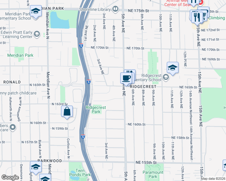 map of restaurants, bars, coffee shops, grocery stores, and more near 16325 5th Avenue Northeast in Shoreline